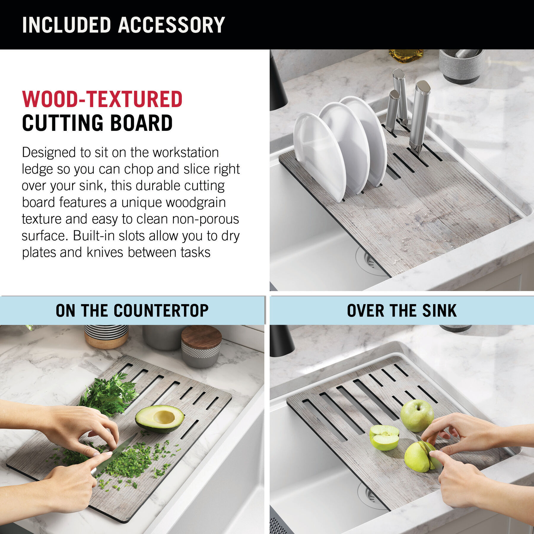 Lavabo de cocina tipo estación de trabajo con un receptáculo de compuesto de granito de 32" de montaje bajo encimera, con reborde WorkFlow™ y accesorios, imagen 32